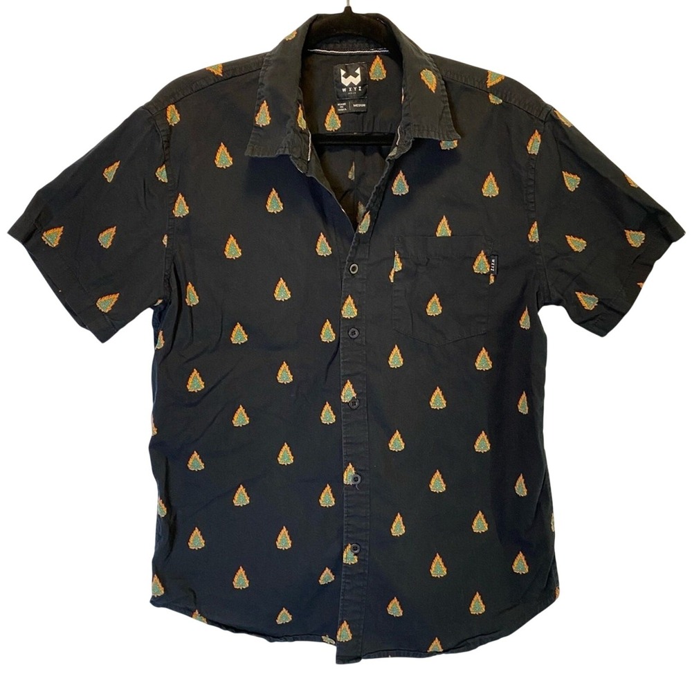 WXYZ Men's Black Button Down Shirt Burning Christmas Tree Print Size Medium